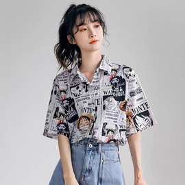 衬衫女设计感短袖新款2022年夏季薄款韩版宽松卡通印花上衣潮