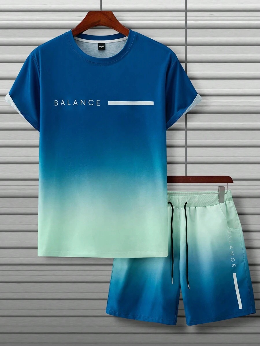 Lema de letras de color degradado estampado 3D traje de hombre camiseta traje deportivo de hombre cuello redondo pantalones cortos con cordón de manga corta