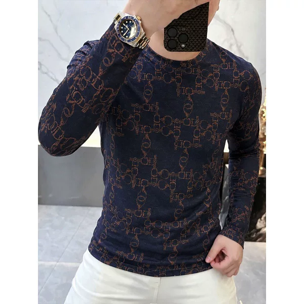 High-end vintage jacquard sweatshirt for men, stylish and versatile long-sleeve T-shirt for autumn, casual quality base shirt