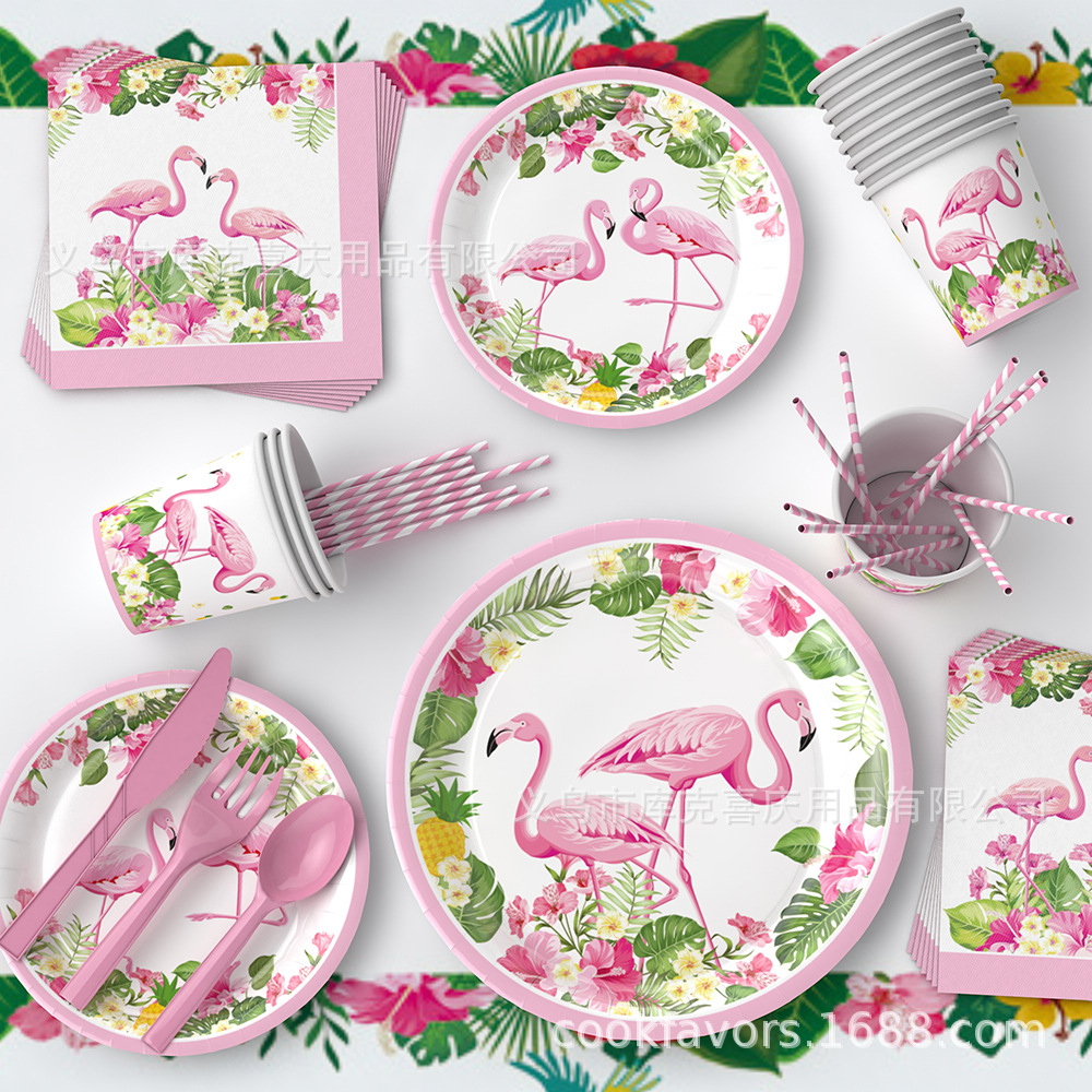 Temas de verano flamenco bandeja de papel desechable tazas de papel toallas de papel cubiertos bandejas de bandera hawaiana set decoración de fiesta
