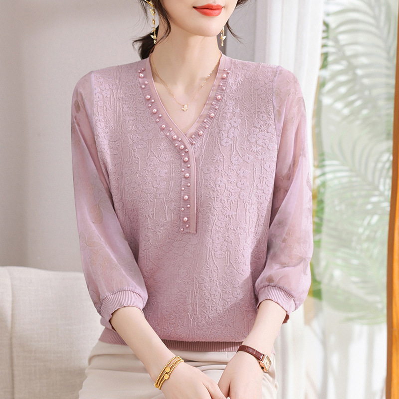 Young Mother's Spring Clothes Western Style Spring and Autumn Top Middle-aged and Elderly Women's Long-sleeved T-shirt Middle-aged Thin Western Style Small Shirt