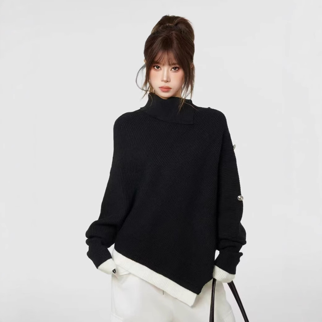 유럽 버전 느슨한 게으른 가을과 겨울 새로운 여성의 가을과 겨울 높은 칼라 불규칙한 느슨한 케이프 스웨터 코트 회색 디자인