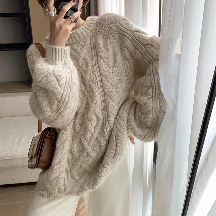 2024 Autumn and Winter New Thick Line Sweater Women's Korean Style Loose Lazy Style Round Neck Thickened Twist Pullover Sweater for Women