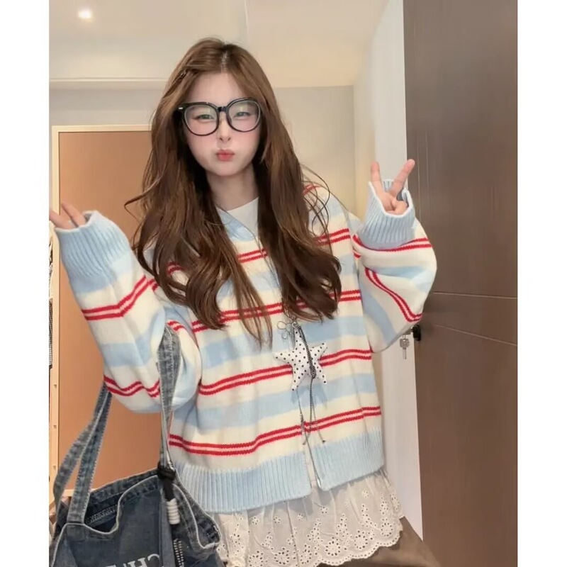 Long-sleeved outerwear, versatile cardigan sweater, new winter fashion, casual spring and autumn hooded striped knit top