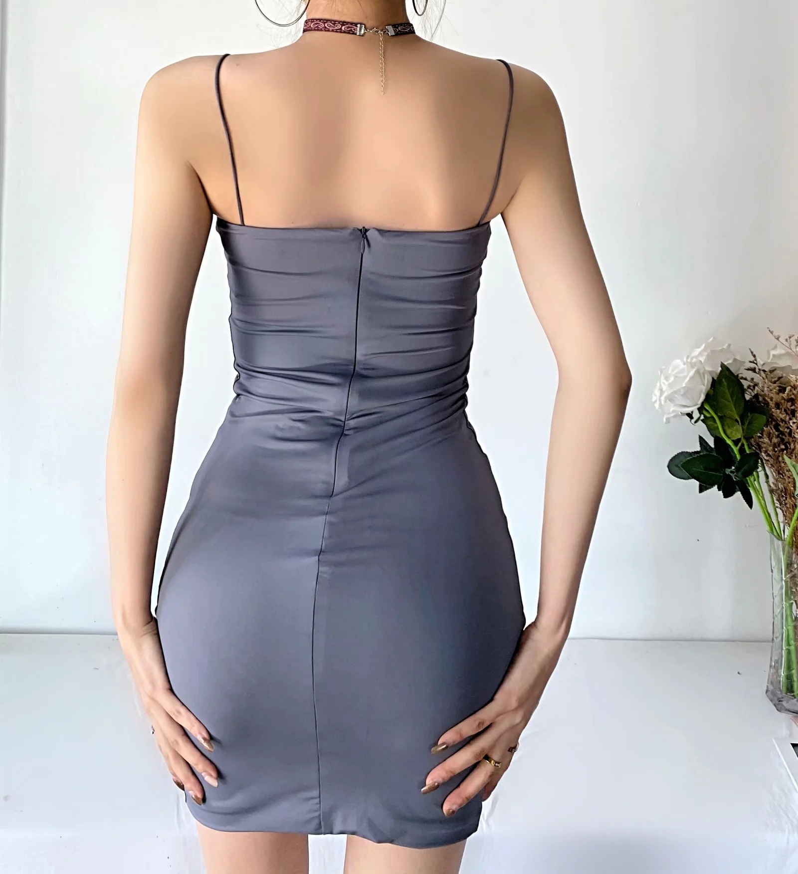 solid color double-layer Sling Slim Dress NSAC40499