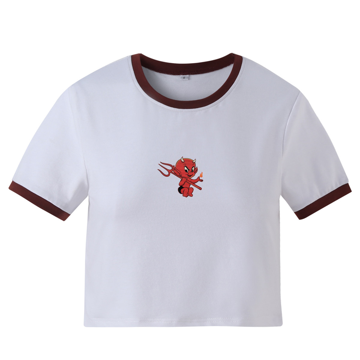 Little Devil Print Slim Fit Short-Sleeved Cropped T-Shirt NSOSY111531