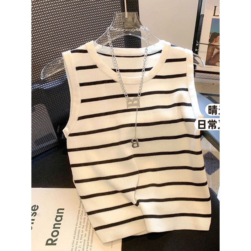 Striped Knitted Camisole, Feminine, Age-Reducing, Nautica Style Sleeveless T-Shirt, Short Sleeveless Top Inside Suit