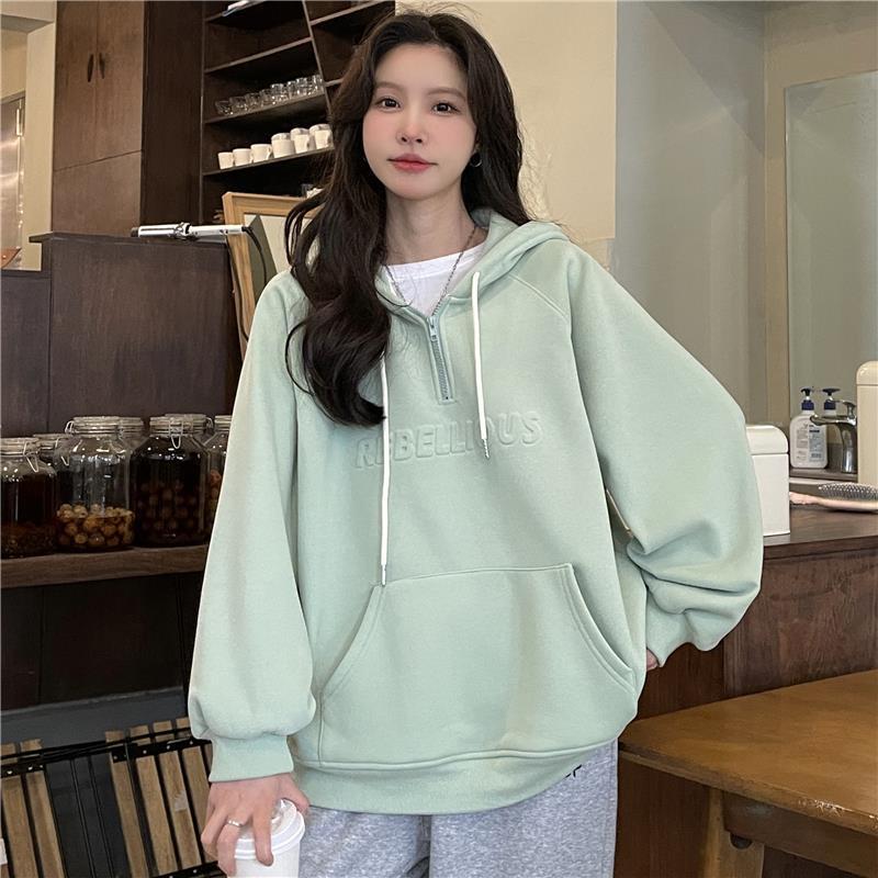 2022 autumn and winter New Korean style loose plus size chubby girl thin zipper concave-convex letter sweater women's hooded top fashion