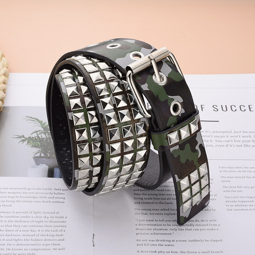 Four-Direction Bead Rivet Pyramid Embossed Punk Hip-Hop Personality Eye Decorative Camouflage Belt for Women and Men