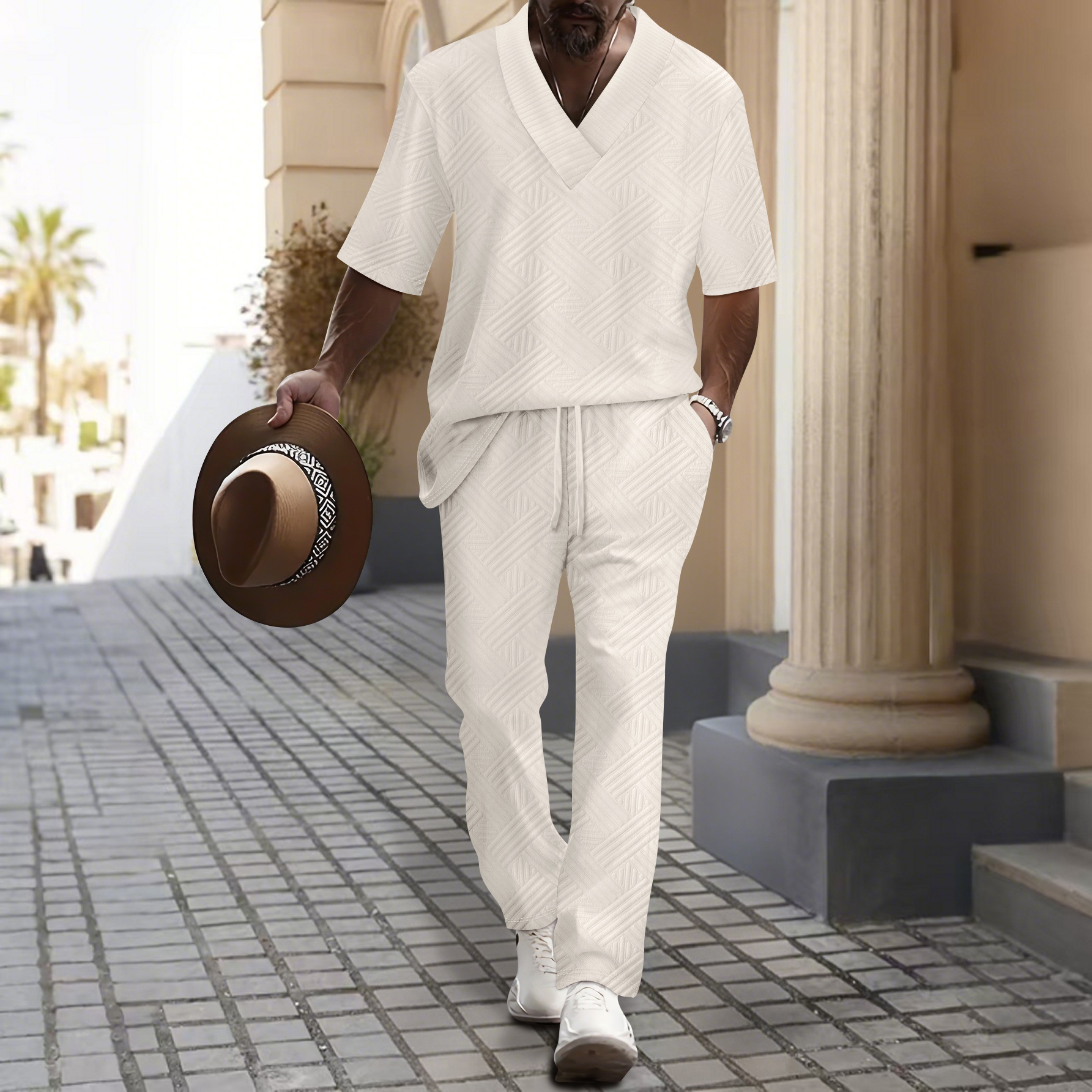 Men's Clothing Casual Short Sleeve V Neck Solid Color Jacquard Set American Style Summer Wear_viptrois.com