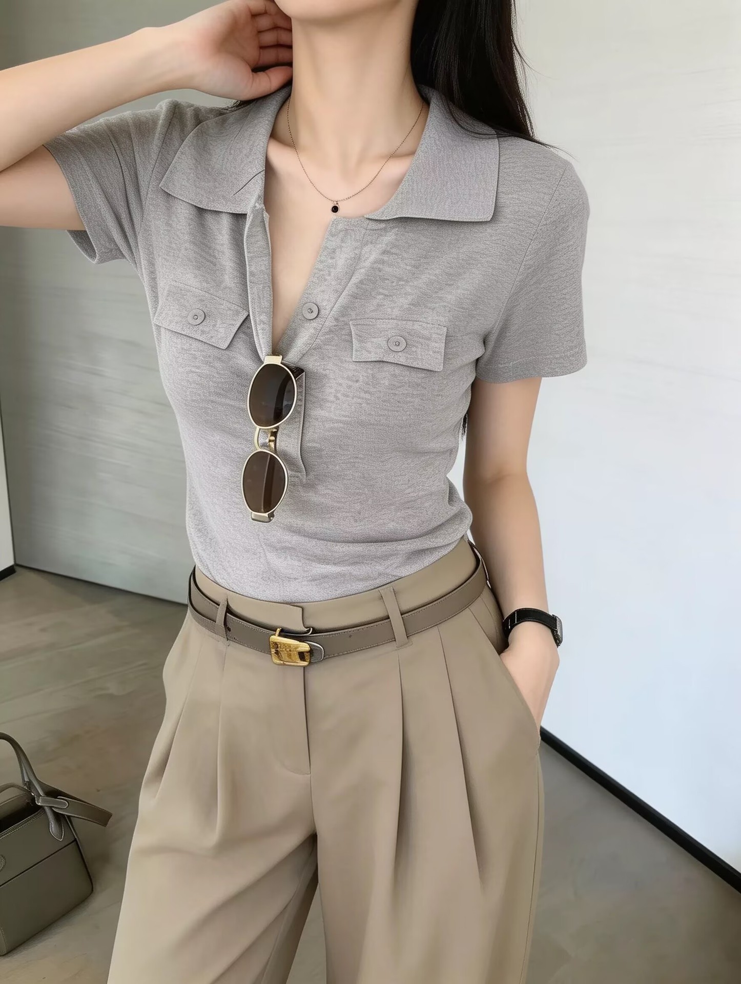 Áo thun polo nữ tay ngắn cổ bẻ phong cách công sở — màu nâu nhạt