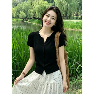 超级精致显瘦配裙子上衣！冰丝针织衫女夏季弹力修身T恤短袖开衫