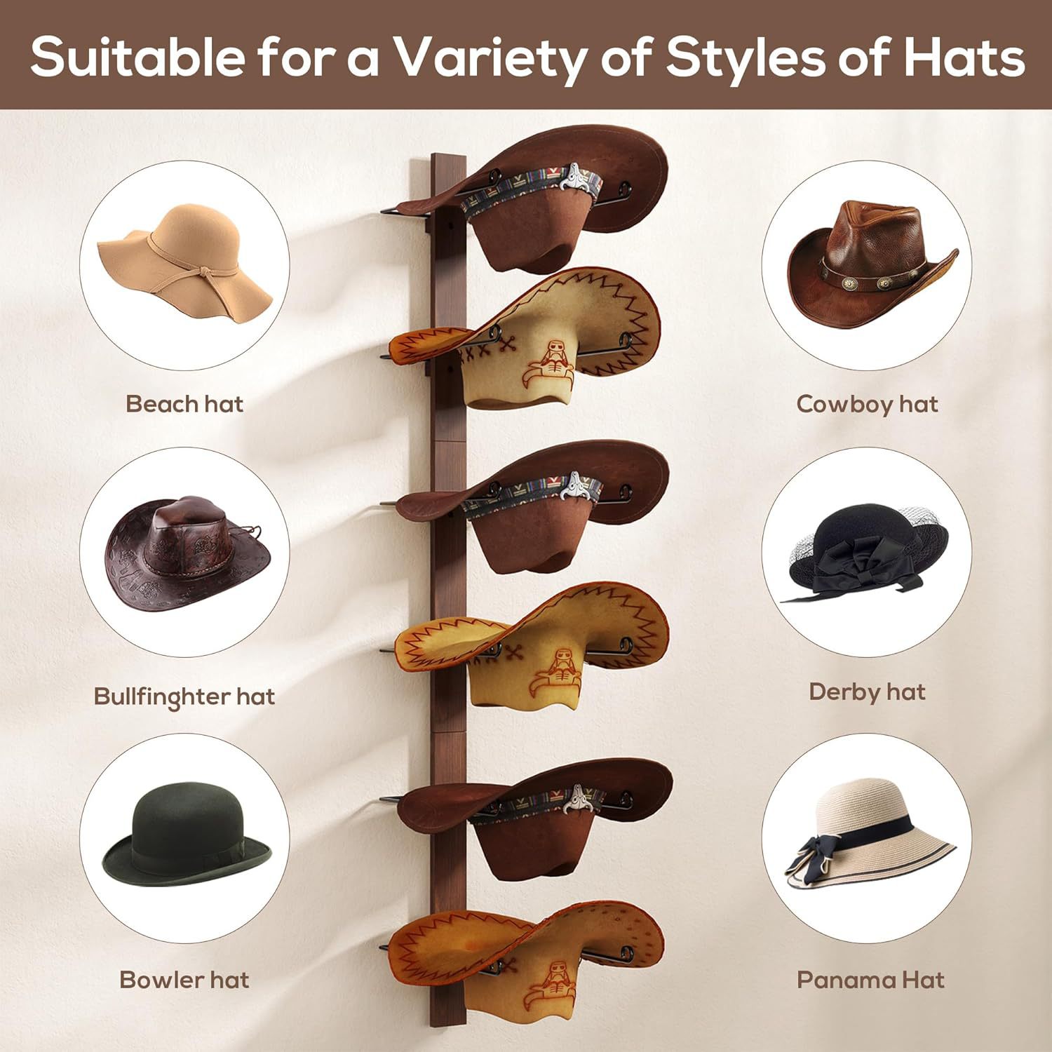 In-Stock Wooden Wall-Mounted Cowboy Hat Storage Rack, Vintage Wall-Hanging Home Decor, Multi-Layer Hat and Baseball Cap Display