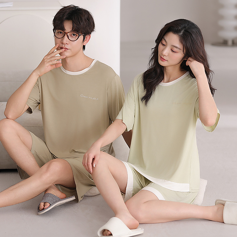 Pajamas de pareja de algodón modales de verano de mangas cortas delgadas 2025 nuevo cuello redondo casual ropa de casa de verano para hombres y mujeres