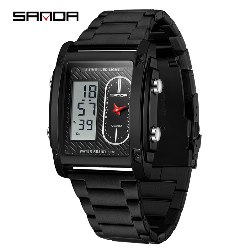 Sanda reloj electrónico de moda para hombres creativo reloj electrónico de doble movimiento multifuncional reloj de cuarzo eléctrico impermeable