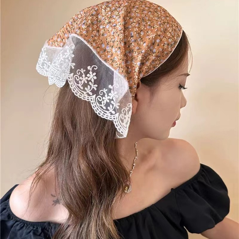 French-Style Pastoral Floral Sweet Hair Tie Headscarf for Women, Lace Splicing Retro Decorative Triangle Scarf with Ribbon Silk Scarf Hairband