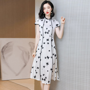 夏季新款真絲桑蠶絲連衣裙新中式修身顯瘦改良旗袍優雅氣質中長裙