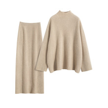 元宝针新款纯羊绒半身裙两件套女秋冬宽松上衣百搭毛衣女休闲套装