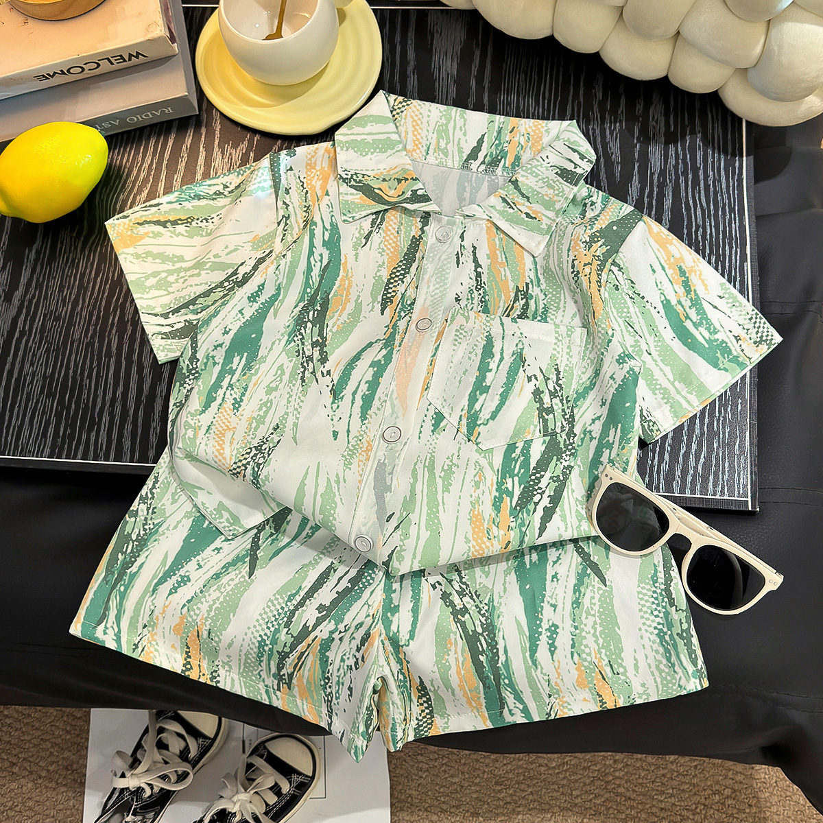 Island breeze shirt set - teal water ripple tie-dye / 90cm