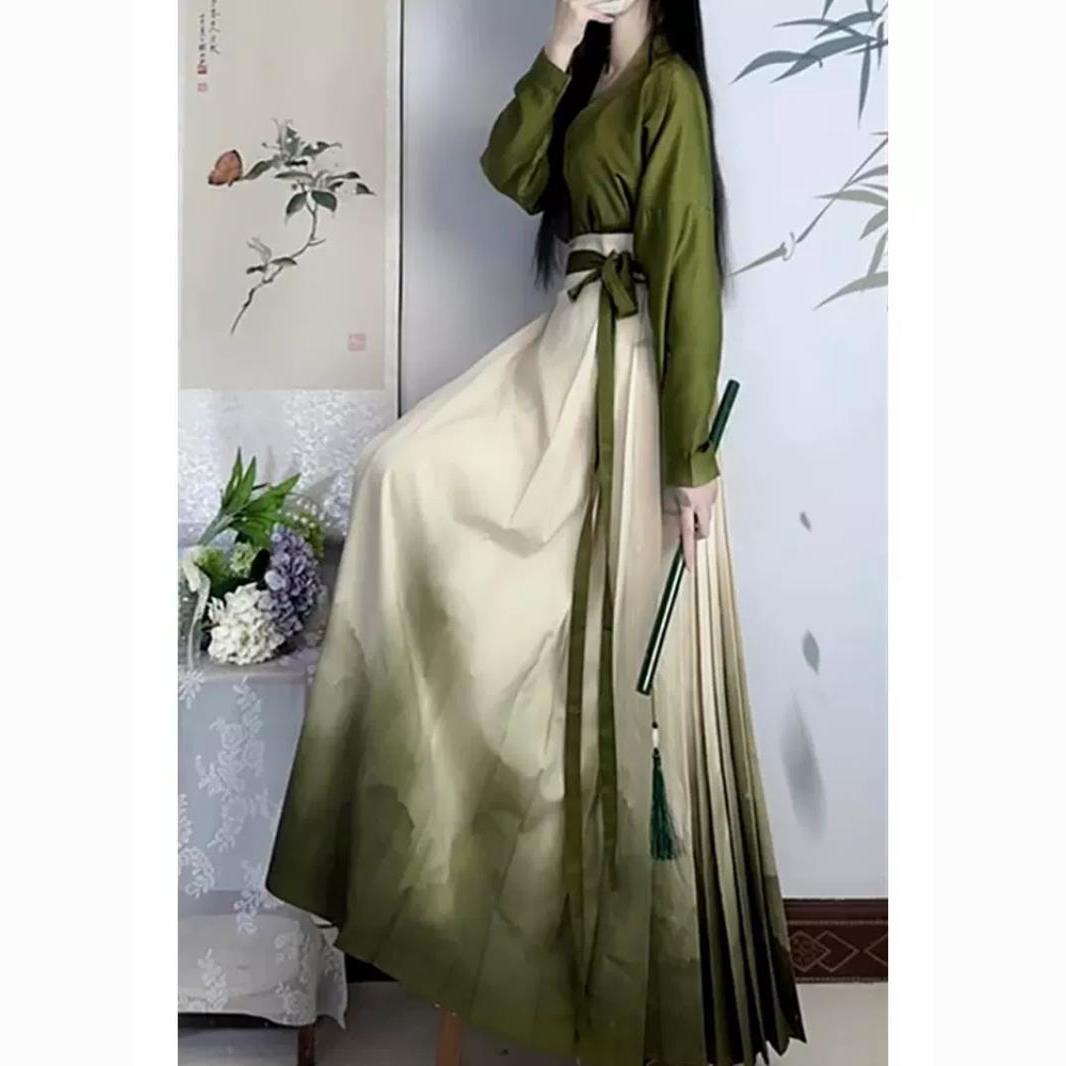 New Chinese Style Chinese Style Chinese Elements Improved Hanfu Daily Commuter Women's Clothing Thousand Miles Jiangshan Figure Horse Face Three Pleated Skirt Suit