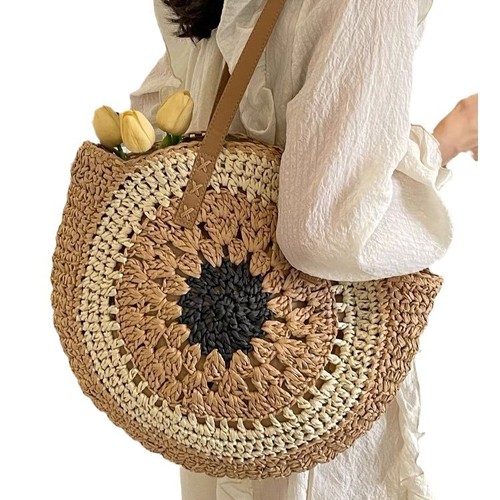 2024 New Paper Rope Lattice Colorful Large Round Grass Woven Bag Casual Beach Bag Single Shoulder Fashion Woven Handbag for Women