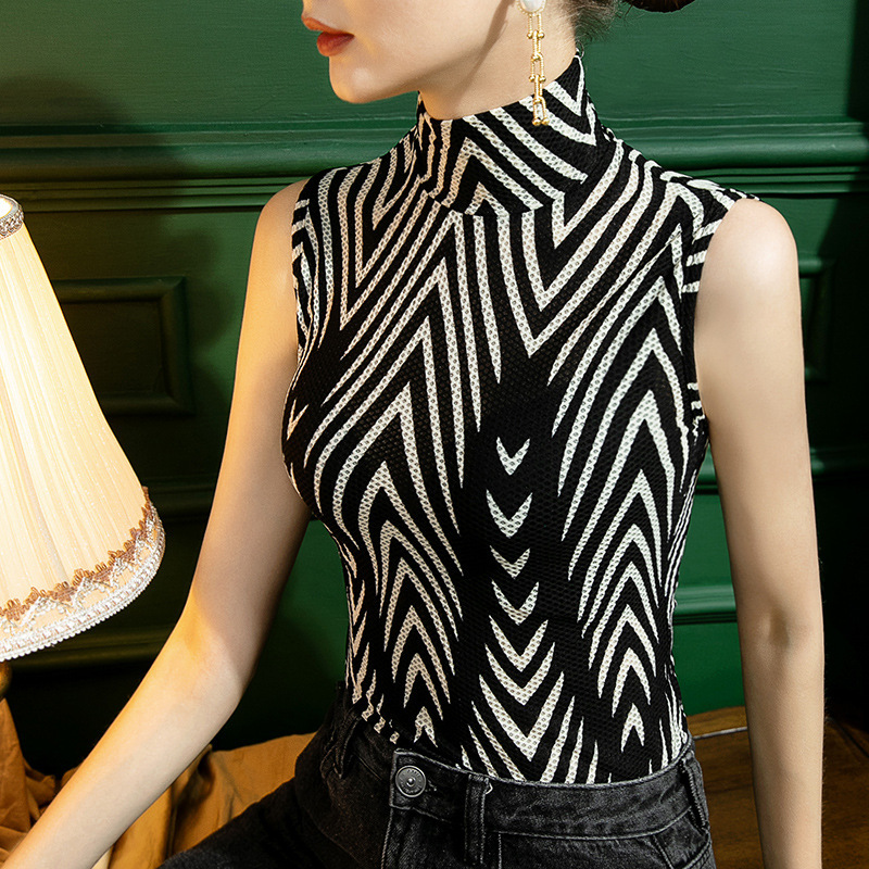 Autumn New Vertical Collar Base Shirt Women's Vest Slim-fit Lace Zebra Striped Inner Half-high Collar Sleeveless