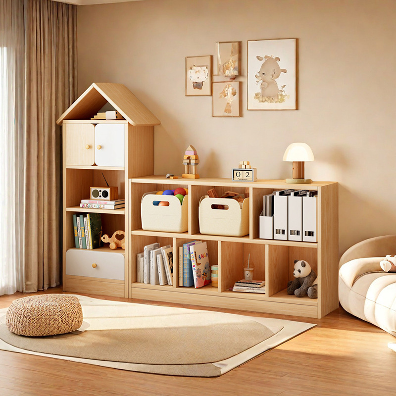 Solid Wood Bookcase with Doors, Children's Room Combination Cabinet, Wall-Mounted Low Cabinet, 2026 New Model, Floor-Standing Natural Wood Style Storage Cabinet, Bookshelf