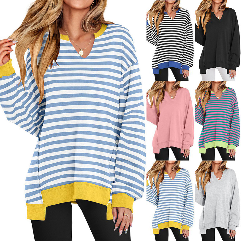 Amazon 2025 European and American Cross-Border Export Autumn and Winter New Colorful Stripesd V Neck Loose Sweatshirt Sweatshirt for Women