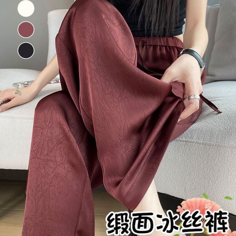 New Chinese Satin Wide-Leg Pants Women's Summer High Waist Dummy Slimming Narrow Edition Straight Style National Style Ice Silk Casual Pants