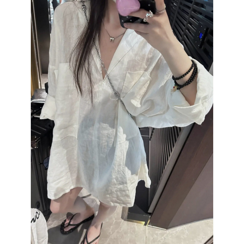 2025 Spring Elegant Commuter Halter Neck Long Sleeve Loose Slimming Linen Shirt Dress in Solid Color Woven Fabric