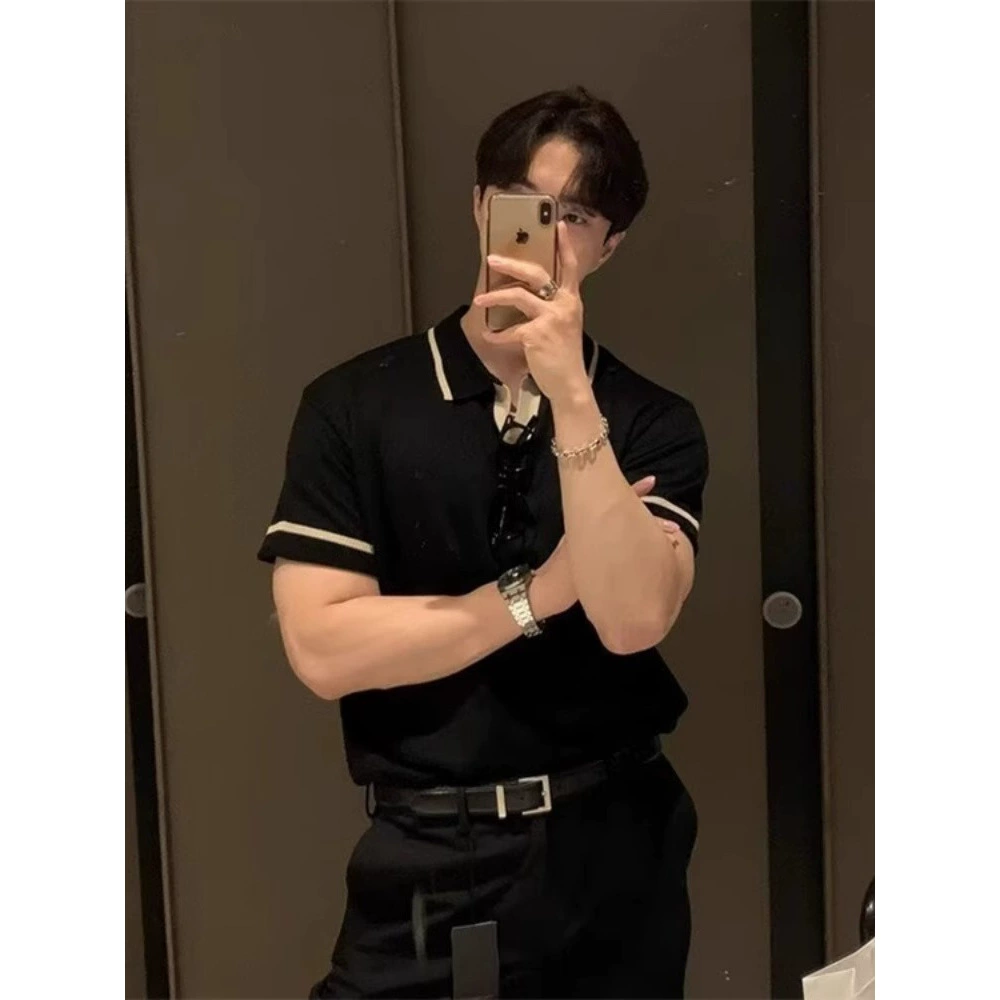 Корейская версия Dongdaemen Атмосфера POLO рубашка мужской простой манжеты полосатый дизайн трикотаж ледяной шелк прохладный мужчина с короткими рукавами