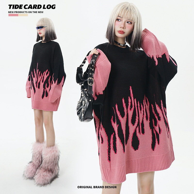 TIDE CARD LOG | Llama jacquard estilo de Hong Kong marca de moda retro suelta estilo perezoso pareja suéter de cuello redondo