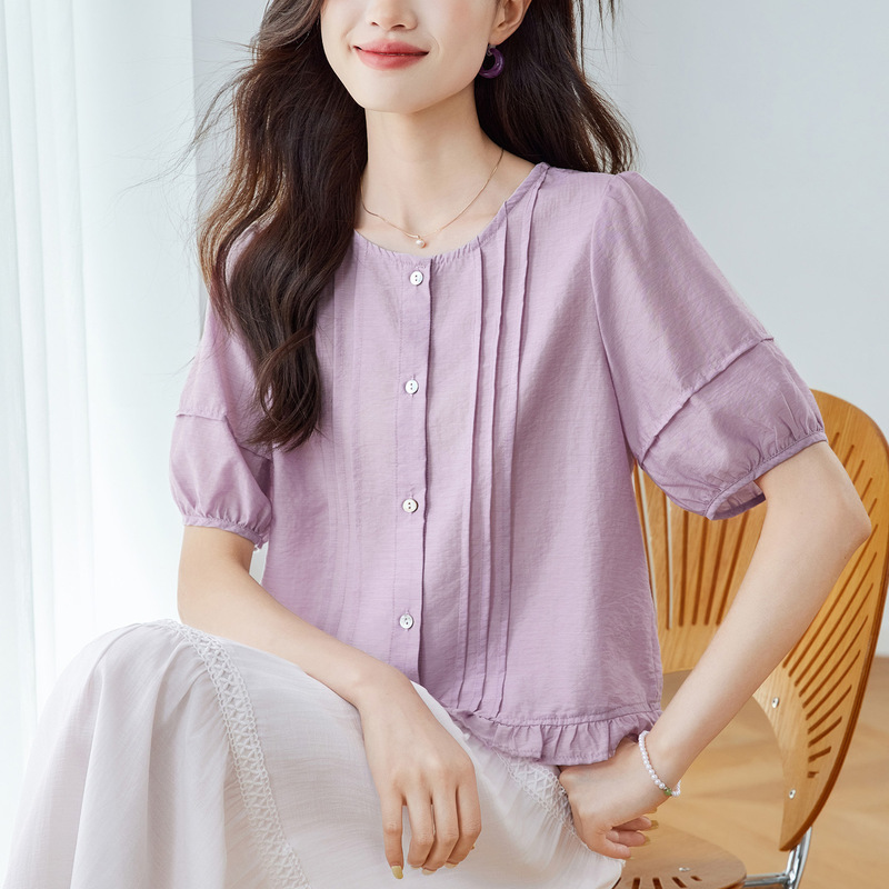 Cotton Cocoon 2026 Summer New Korean Style Fashion Round Neck Lace Patchwork Short Sleeve Shirt for Women, Loose Fit Slimming Top
