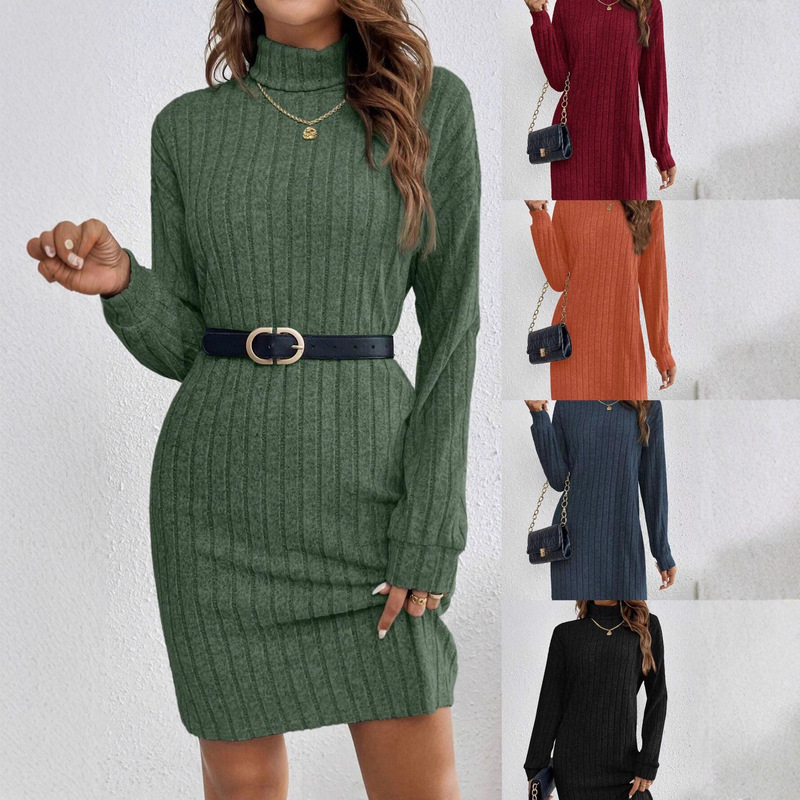 Cross-Border European and American 2026 Autumn and Winter New Women's Ribbed Fleece Turtleneck Slim-Fit Dress Bodycon Skirt
