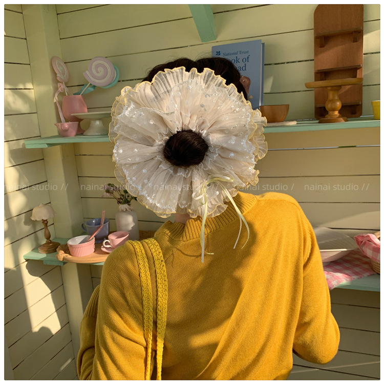 甘いレースメッシュリボン二層大腸ヘアゴム女性のヘアボールヘアロープサイドローポニーテールヘアロープ|undefined