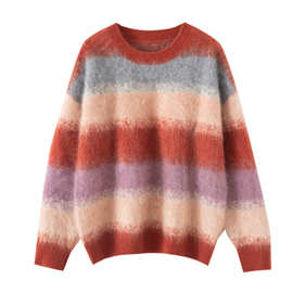 100%纯羊绒条纹女款拉绒加厚撞色设计2025秋冬款软糯不扎亲肤保暖