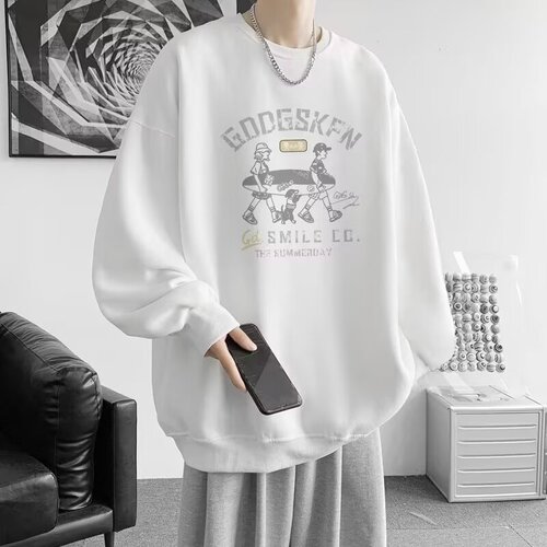 2024 American Retro Round Neck Sweatshirt Student Trend Brand Sweatshirt Casual No Hat Fleece Sweatshirt Jacket for Men Trend