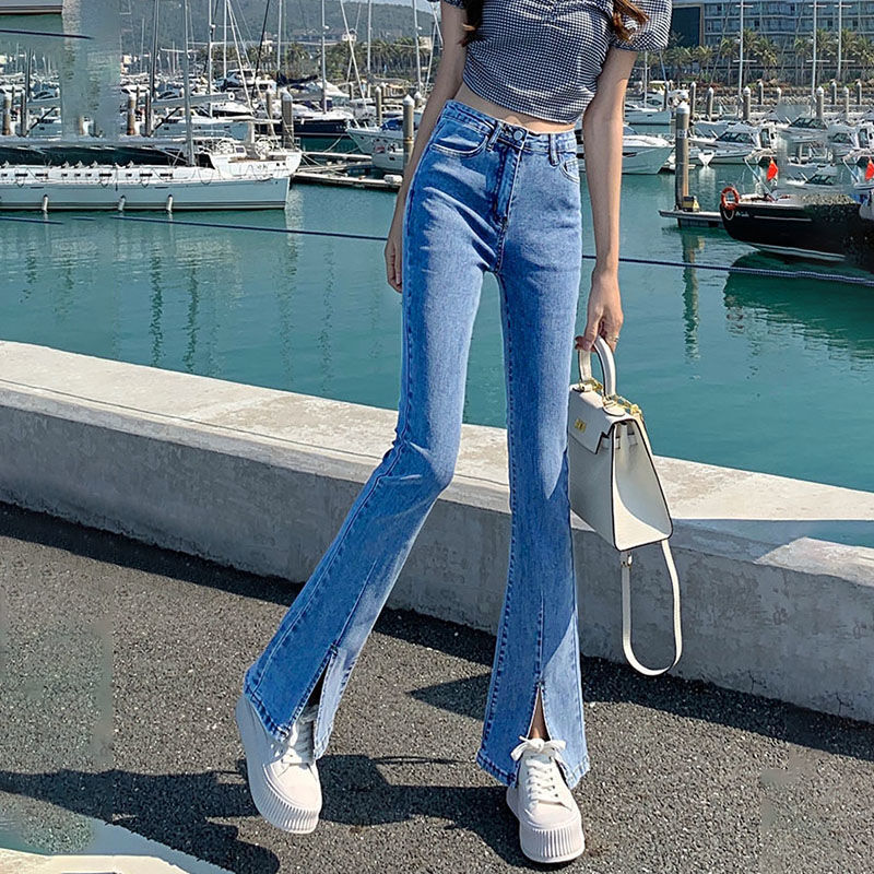 Vintage Blue Split Jeans Women's 2022 Spring Small High Waist Straight Slimming Stretch Hong Kong Style Micro-flared Pants
