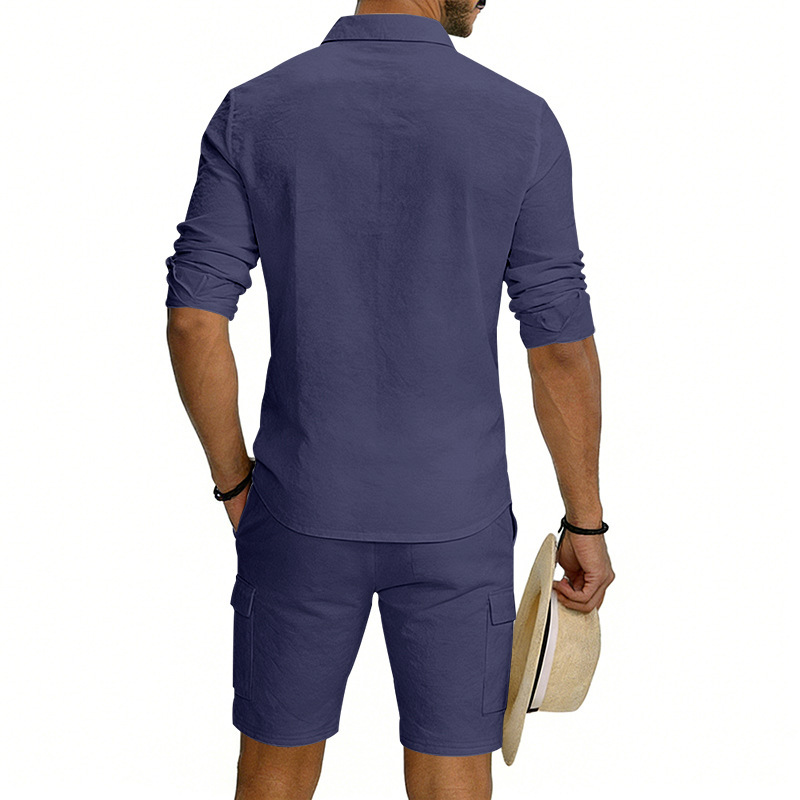 Summer Men's Linen Long Sleeved Shirt Casual Loose Fit Style With Multi Pockets Cargo Shorts Set_viptrois.com
