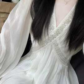 春夏季新款仙女长袖桔梗森系法式初恋小白裙领气质高腰连衣裙子