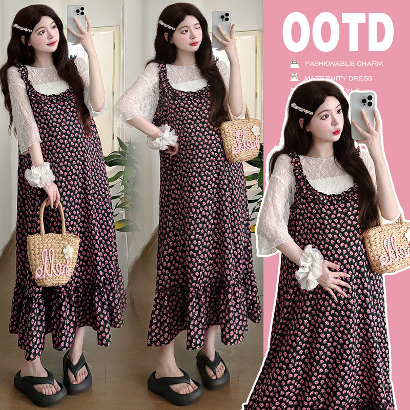 2025 Maternity Dress Korean Loose A-Line Baby Doll Dress Chiffon Floral Vest Dress Two-Piece Suit