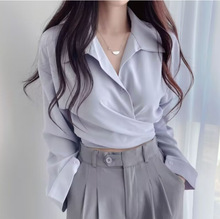 韩国chic春夏减龄复古小众设计感气质收腰显瘦系带单排扣短款衬衫