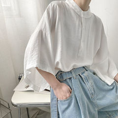 夏の薄手日本立襟半袖シャツ男性デザイン感小衆ゆるいtシャツコウモリ袖五分袖上着