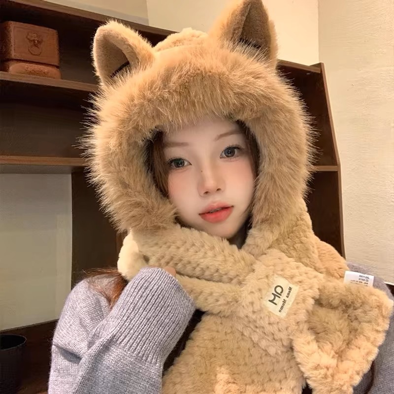 Bufandas y sombreros en otoño y invierno de peluche caliente engrosado imitación de pelo de conejo lindo sombrero protector de orejas en 2024 para mujeres