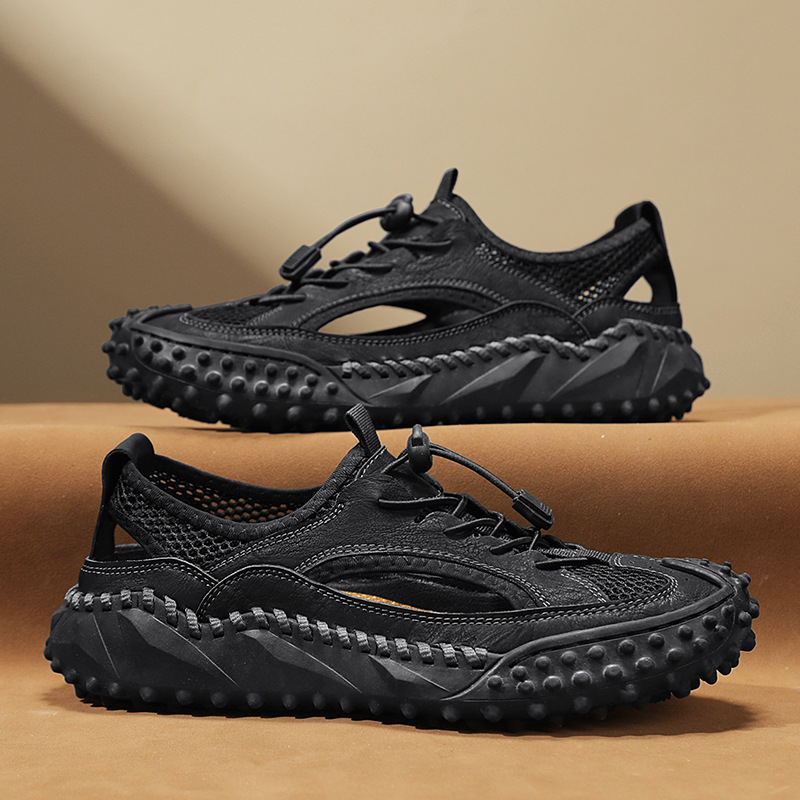 Baotou Men's Sandals Genuine Leather Men's Shoes Summer Large Size Hollow Soft Sole Hand-Stitched Trendy Beach Shoes_vogvips.com