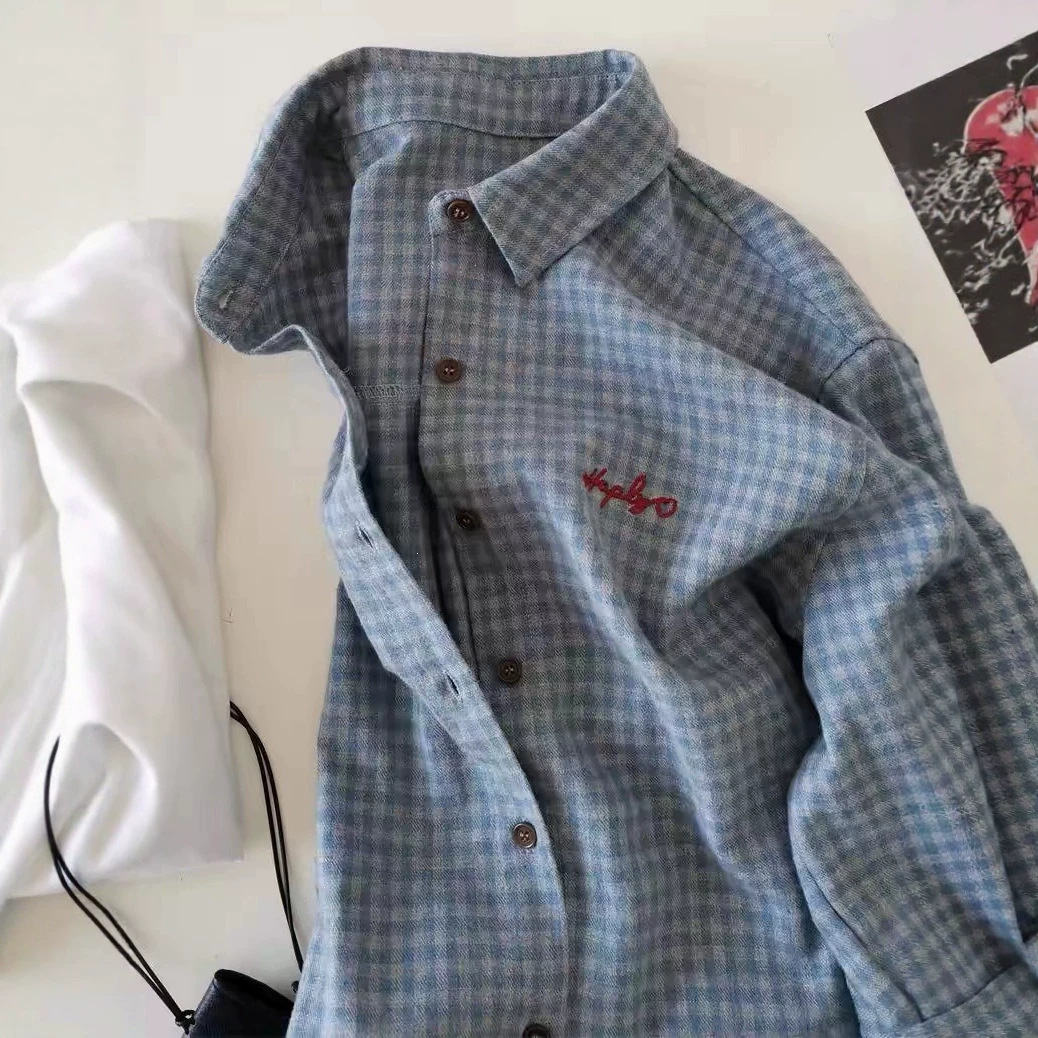 Autumn and winter plus size 120kg blue-gray plaid shirt for women with embroidered letters, loose and versatile for layering