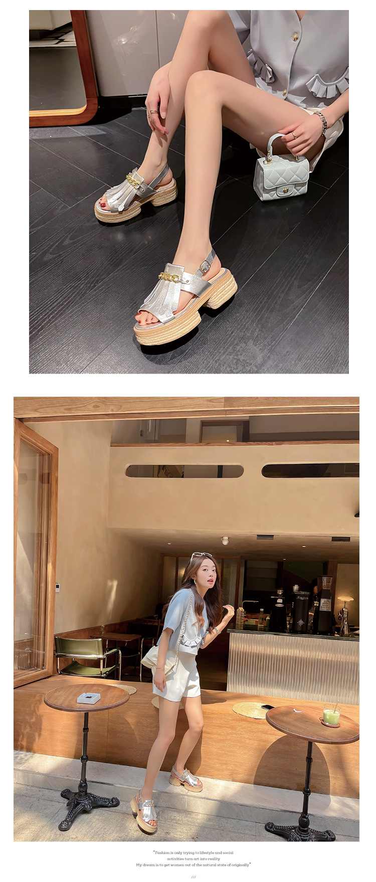 Sandal nữ đế thấp mũi hở quai tua rua đế cói phối dây xích kim loại — màu trắng, bạc chi tiết 11