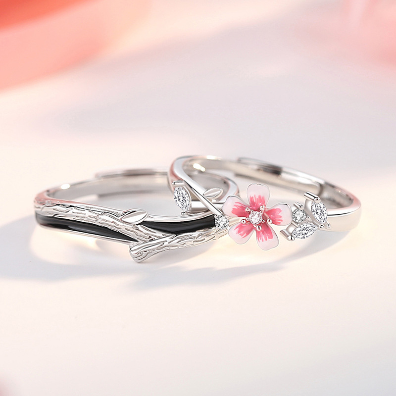 Cherry Blossom Couple's Ring A Pair of Niche High-end Sense Dead Wood Pink Flower Finger Ring Fashion Cherry Blossom