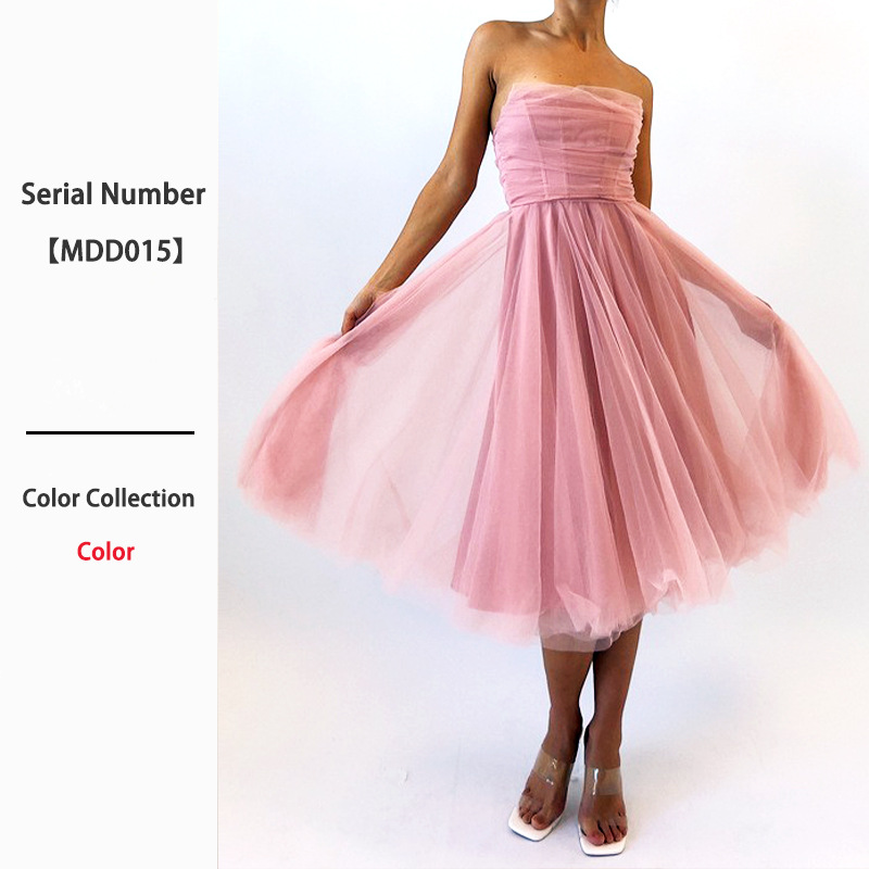 Cross-border New Sleeveless Mesh Fishbone Tube Top Dress Women's Waist A- line Dress Spring Birthday Party Dress