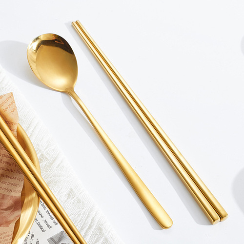 Korean 304 stainless steel spoon chopsticks set household tableware solid flat chopsticks spoon hotel hollow square chopsticks